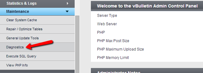 Access diagnostics tool in vBulletin